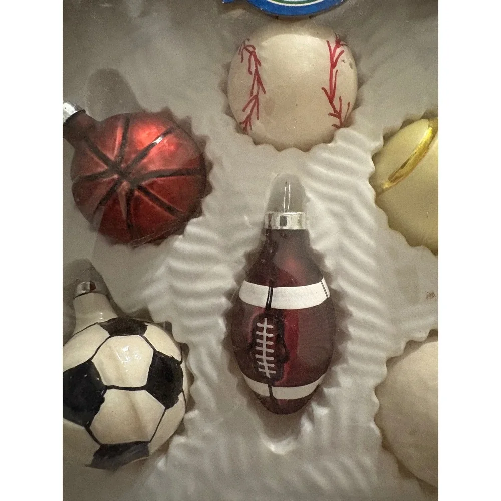 Boys Dreams North Pole 6 Hand Crafted Sports‎ Glass Ornaments Baseball Football